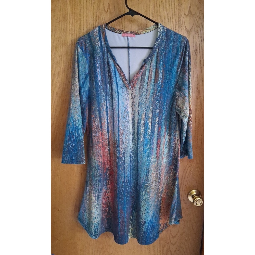 Simply Aster Firmiana Dress Tunic Women's XL Artsy Teal Earthtone 3/4 sleeve